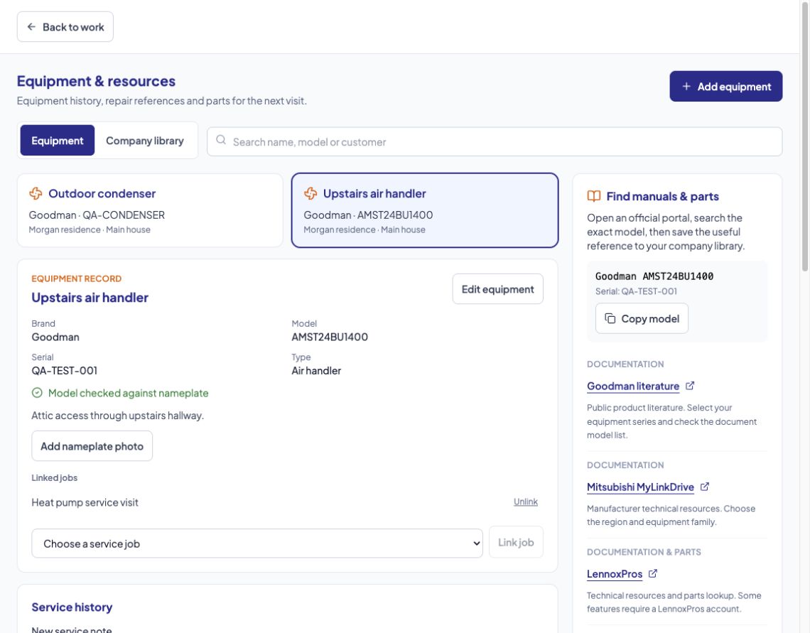 Werkor's Equipment & resources screen: a Goodman air handler record with model, serial, nameplate check, linked service job, and links to manufacturer documentation portals.